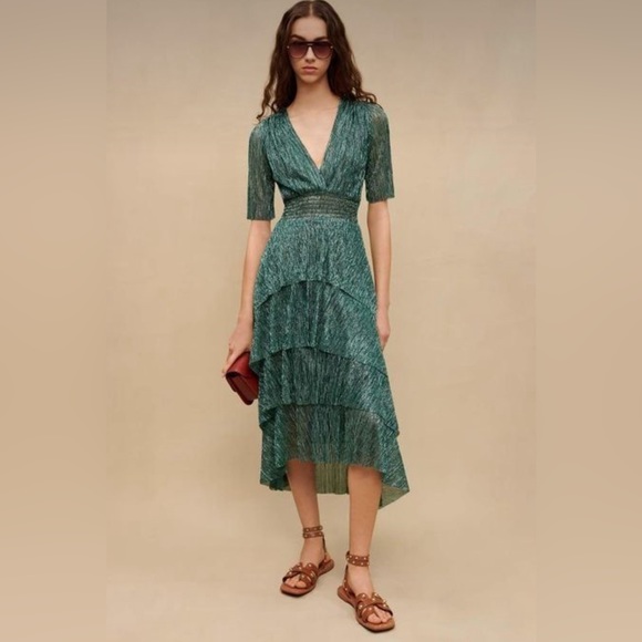 Maje Emerald Green Lurex Ruffle Midi Dress Smocked Waist Metallic Size M